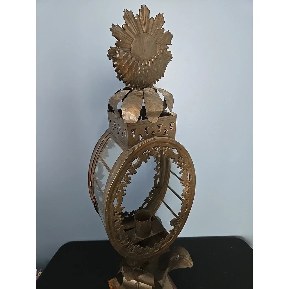 Baroque Mexican Tin Metal Lantern Lamp Ornate Handmade‎ Pedestal Sun Flower